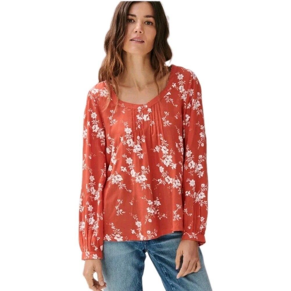 Boho Floral Peasant Blouse Lucky Brand Women’s L Red V-Neck Viscose Long Sleeve